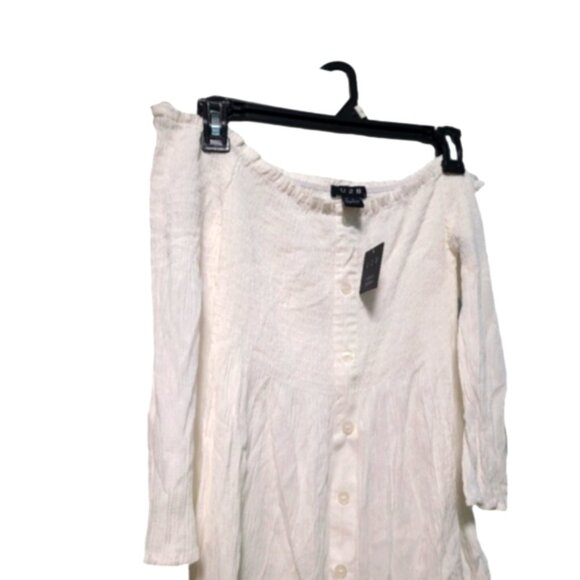 White Off-Shoulder Smocked Peasant Cottage Core Flounce Long Sleeve Crepe Top - Picture 8 of 11